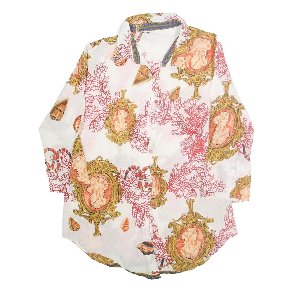 Womens White Printed Shirt Long Sleeve Collared M Casual Stylish Button Up