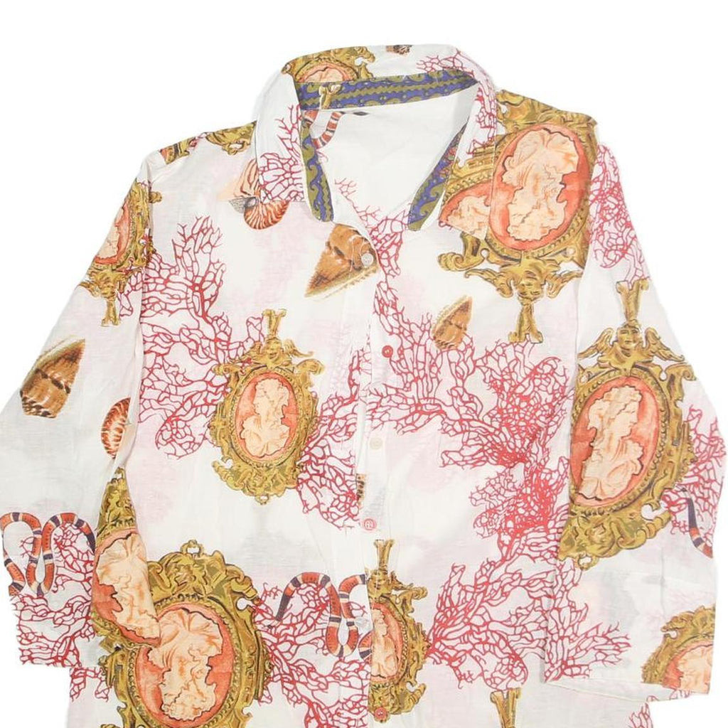 Womens White Printed Shirt Long Sleeve Collared M Casual Stylish Button Up