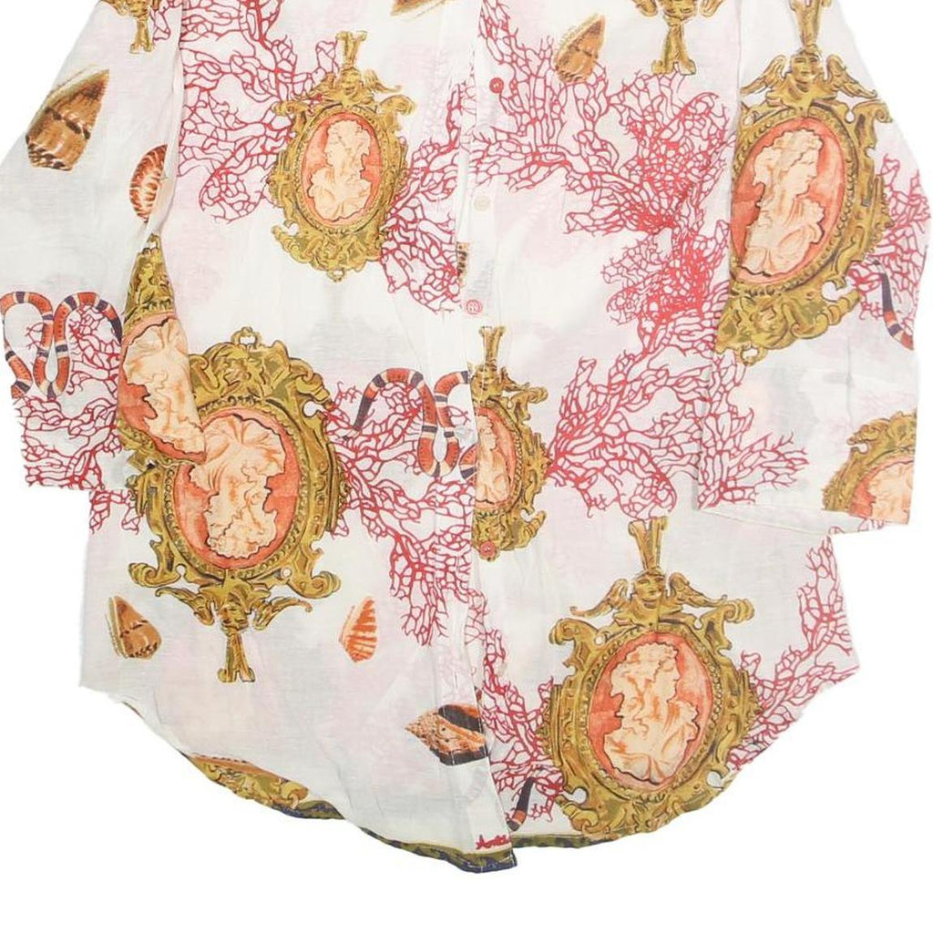 Womens White Printed Shirt Long Sleeve Collared M Casual Stylish Button Up