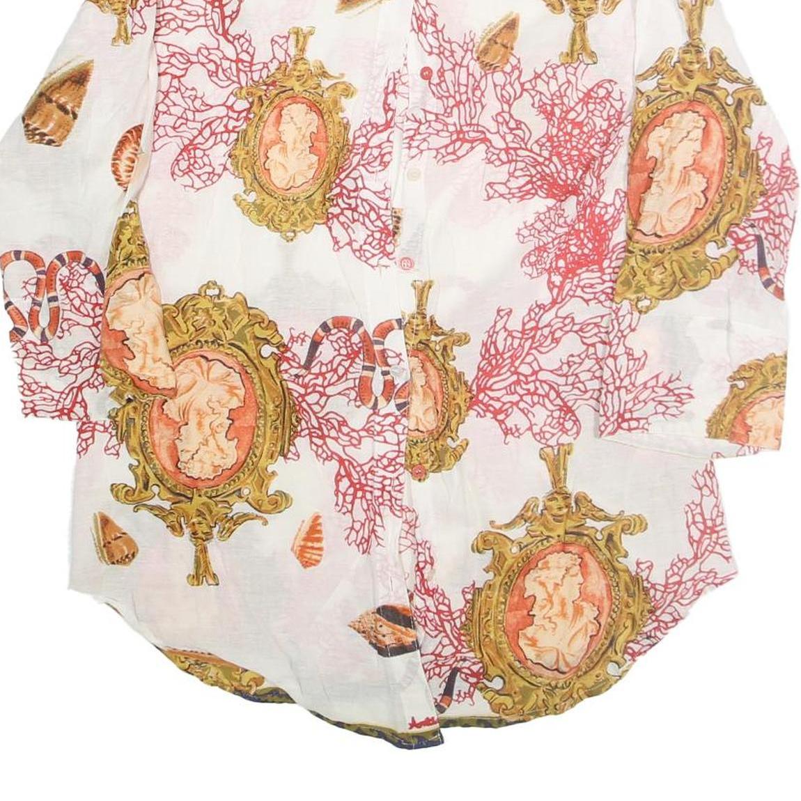 Womens White Printed Shirt Long Sleeve Collared M Casual Stylish Button Up