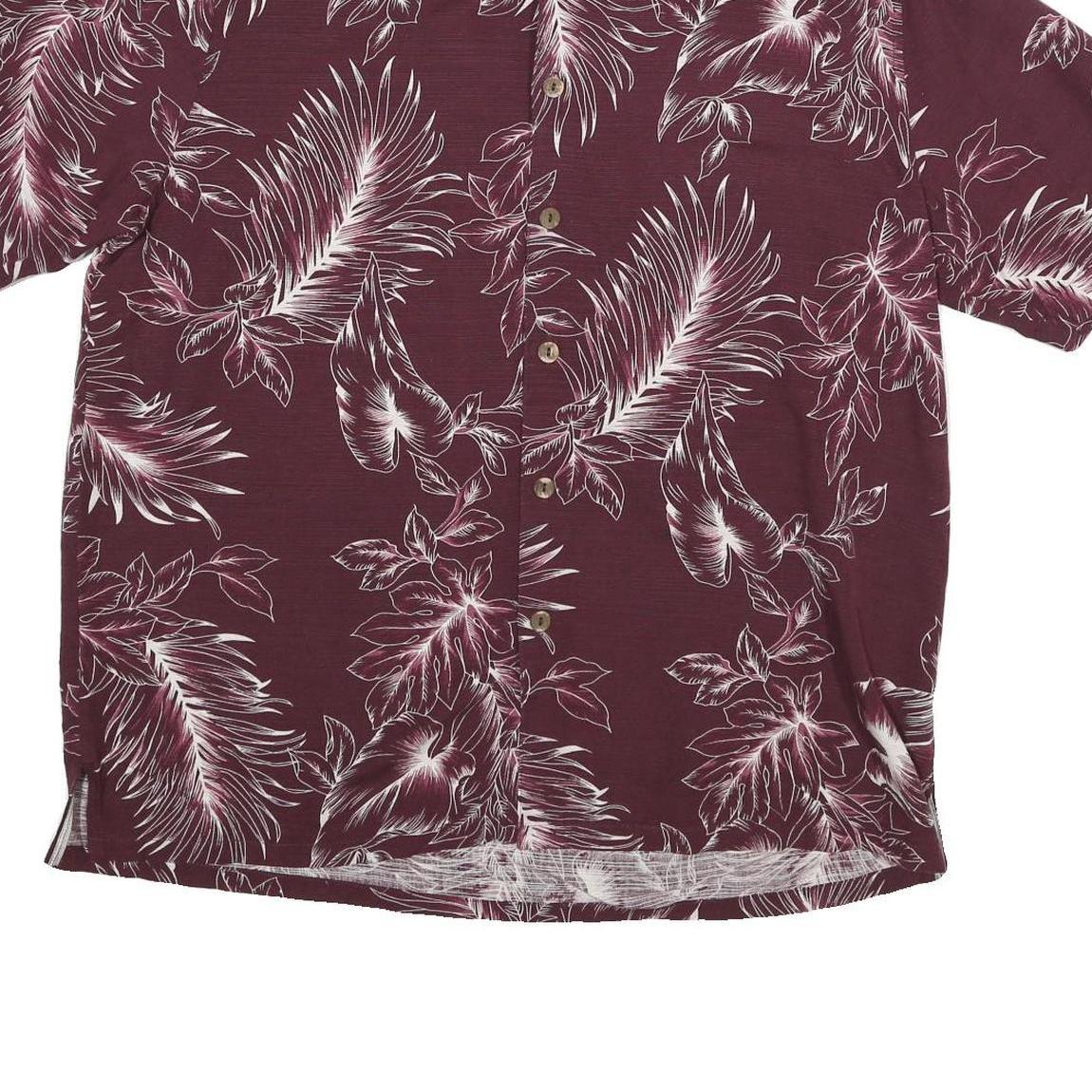 ISLAND REPUBLIC Mens Maroon Silk Hawaiian Shirt L Tropical Leaf Print Summer