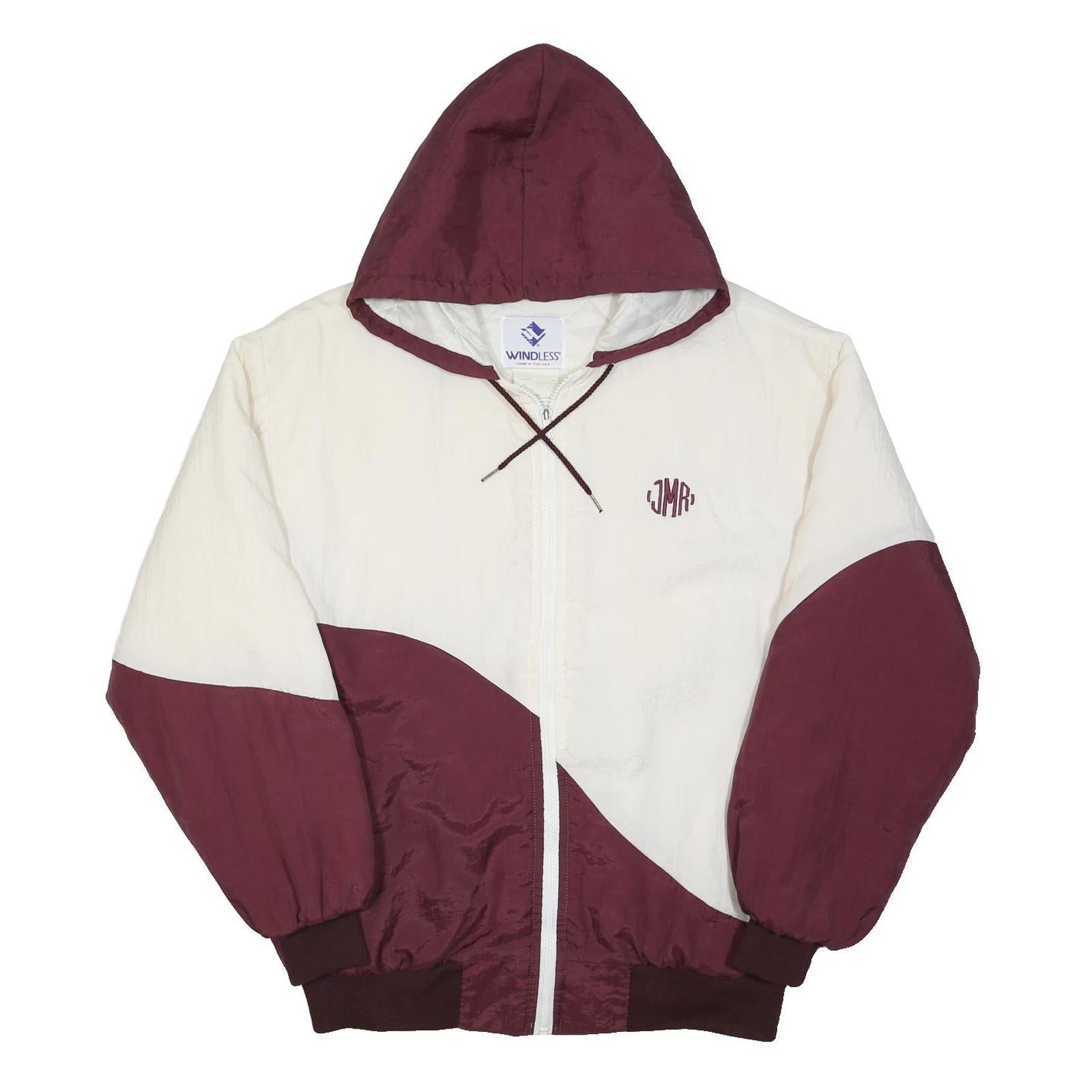 WINDLESS Mens Burgundy & Cream Hooded Nylon Jacket L Zip Casual Outerwear