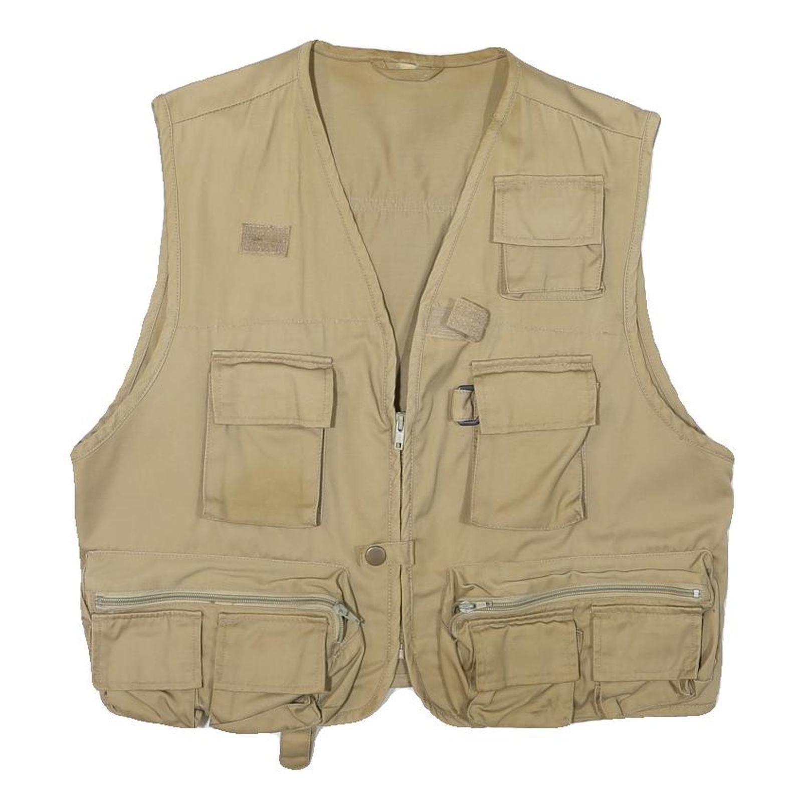 Mens Beige Cotton Blend Utility Vest Jacket M Plain Multi Pocket Zip Closure