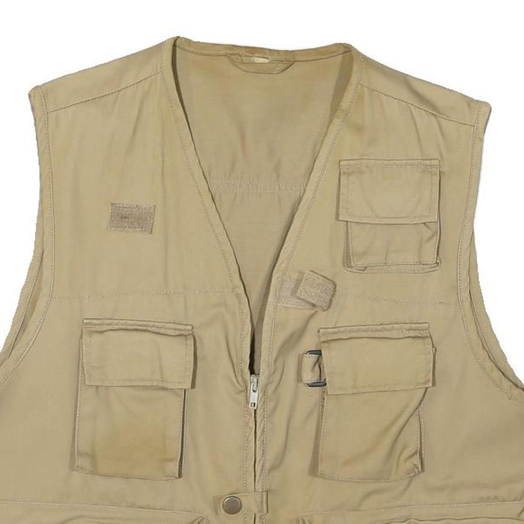 Mens Beige Cotton Blend Utility Vest Jacket M Plain Multi Pocket Zip Closure