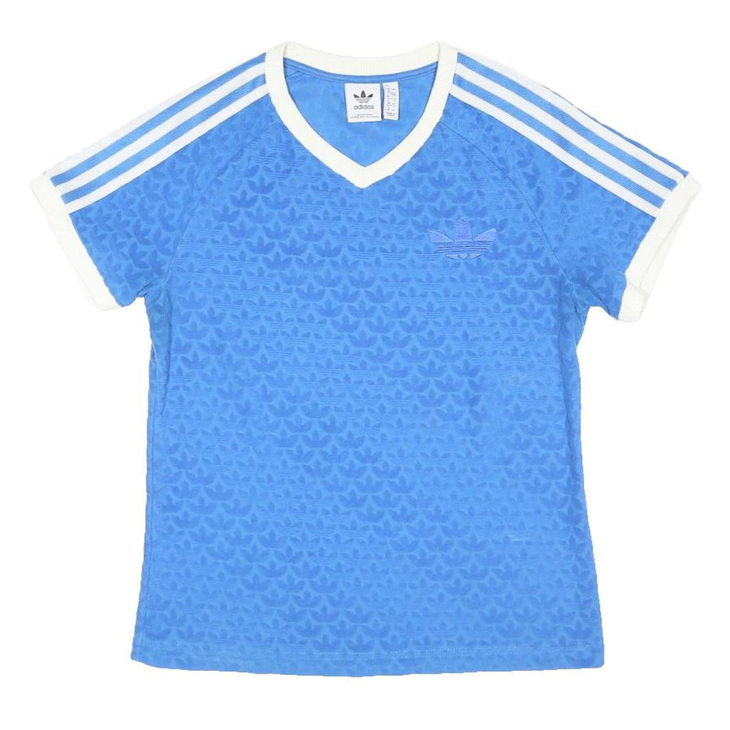 ADIDAS ORIGINALS Womens Blue & White Modern T-Shirt UK 12 Short Sleeve V-Neck