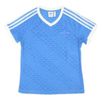 ADIDAS ORIGINALS Womens Blue & White Modern T-Shirt UK 12 Short Sleeve V-Neck