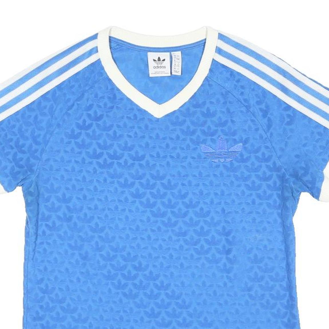 ADIDAS ORIGINALS Womens Blue & White Modern T-Shirt UK 12 Short Sleeve V-Neck