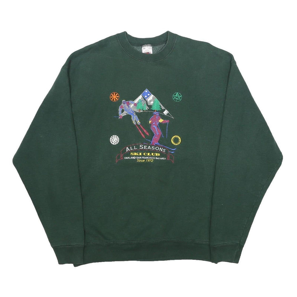 FRUIT OF THE LOOM Mens Green All Seasons Ski Club Crew Neck XL Ski Graphic
