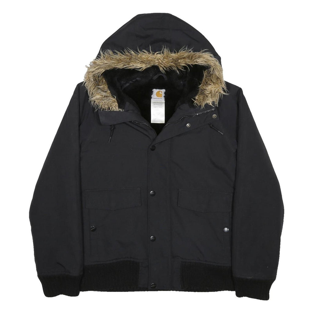CARHARTT Mens Black Nylon Hooded Jacket S Woven Zip Fur Trim Winter Workwear