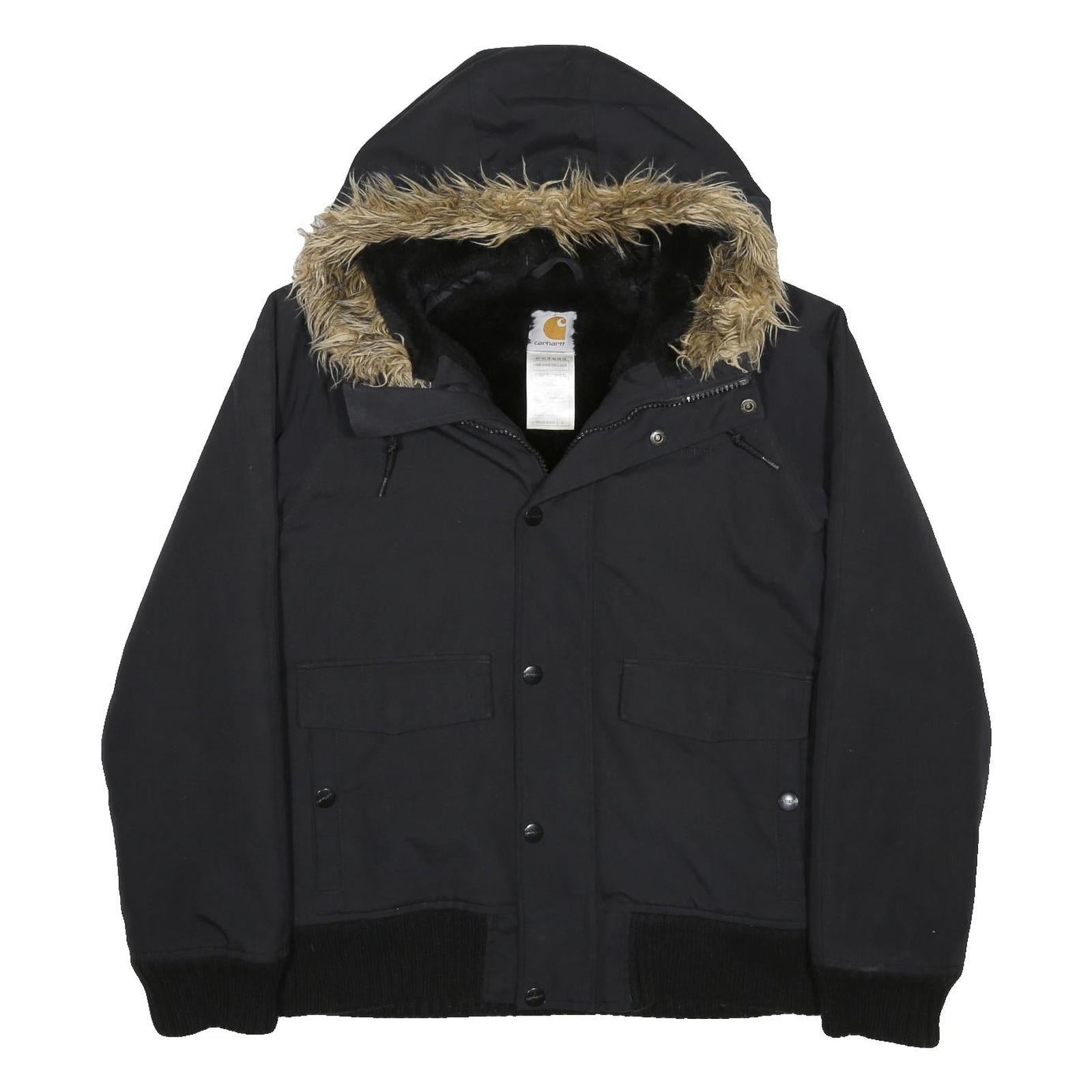 CARHARTT Mens Black Nylon Hooded Jacket S Woven Zip Fur Trim Winter Workwear