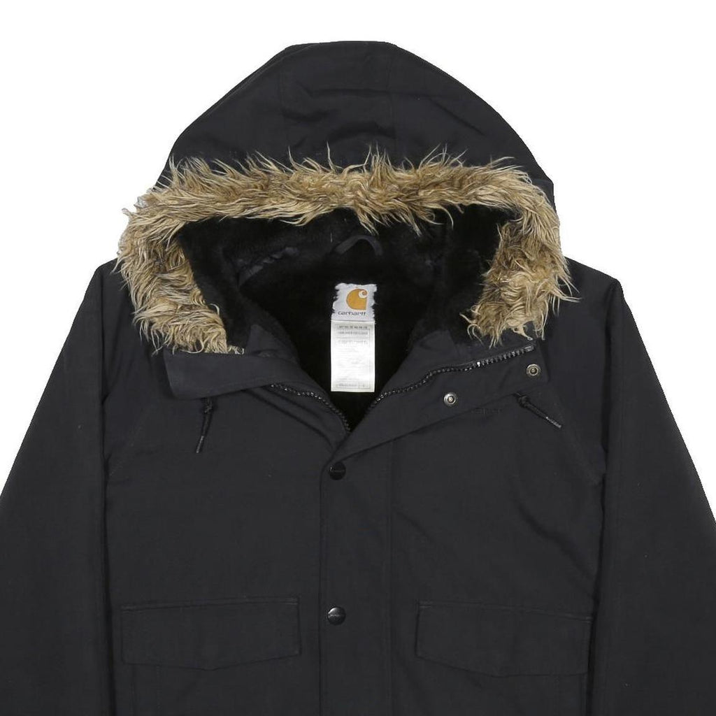 CARHARTT Mens Black Nylon Hooded Jacket S Woven Zip Fur Trim Winter Workwear