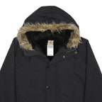 CARHARTT Mens Black Nylon Hooded Jacket S Woven Zip Fur Trim Winter Workwear