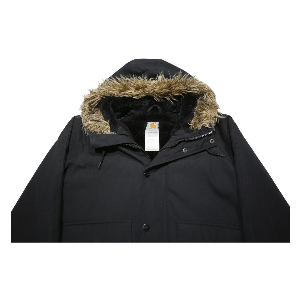 CARHARTT Mens Black Nylon Hooded Jacket S Woven Zip Fur Trim Winter Workwear