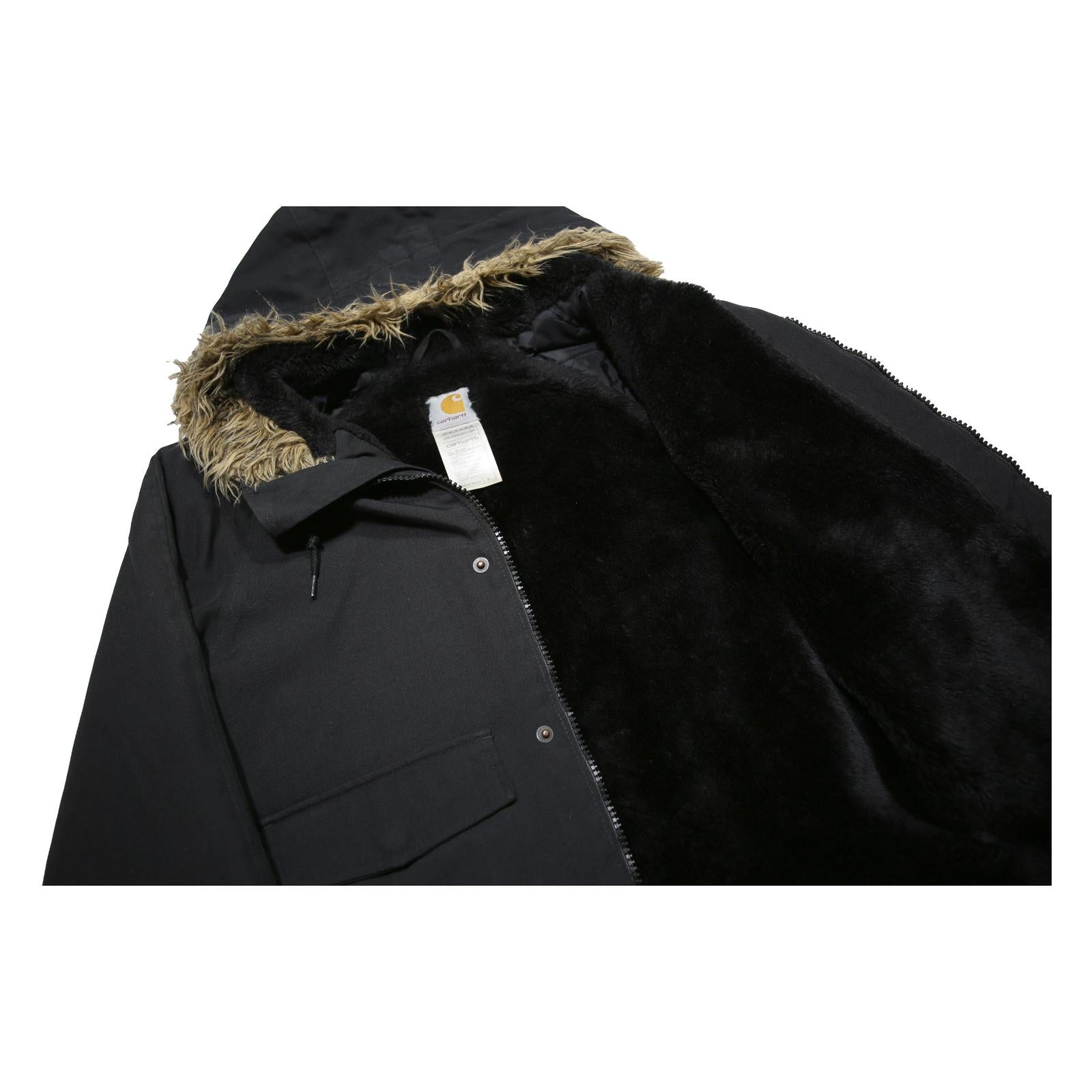 CARHARTT Mens Black Nylon Hooded Jacket S Woven Zip Fur Trim Winter Workwear