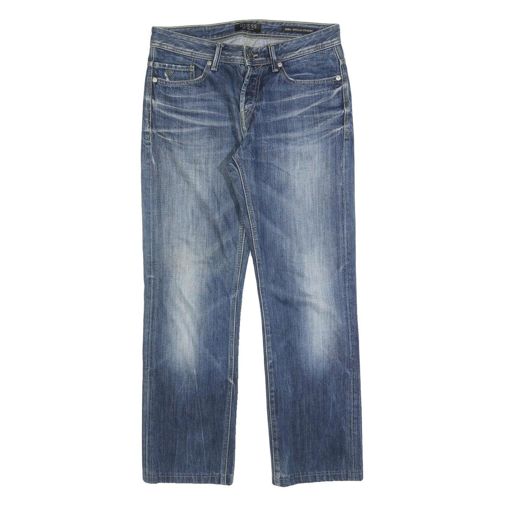 GUESS Mens Regular Fit Straight Leg Denim Blue Button W30 L30 Classic Jeans