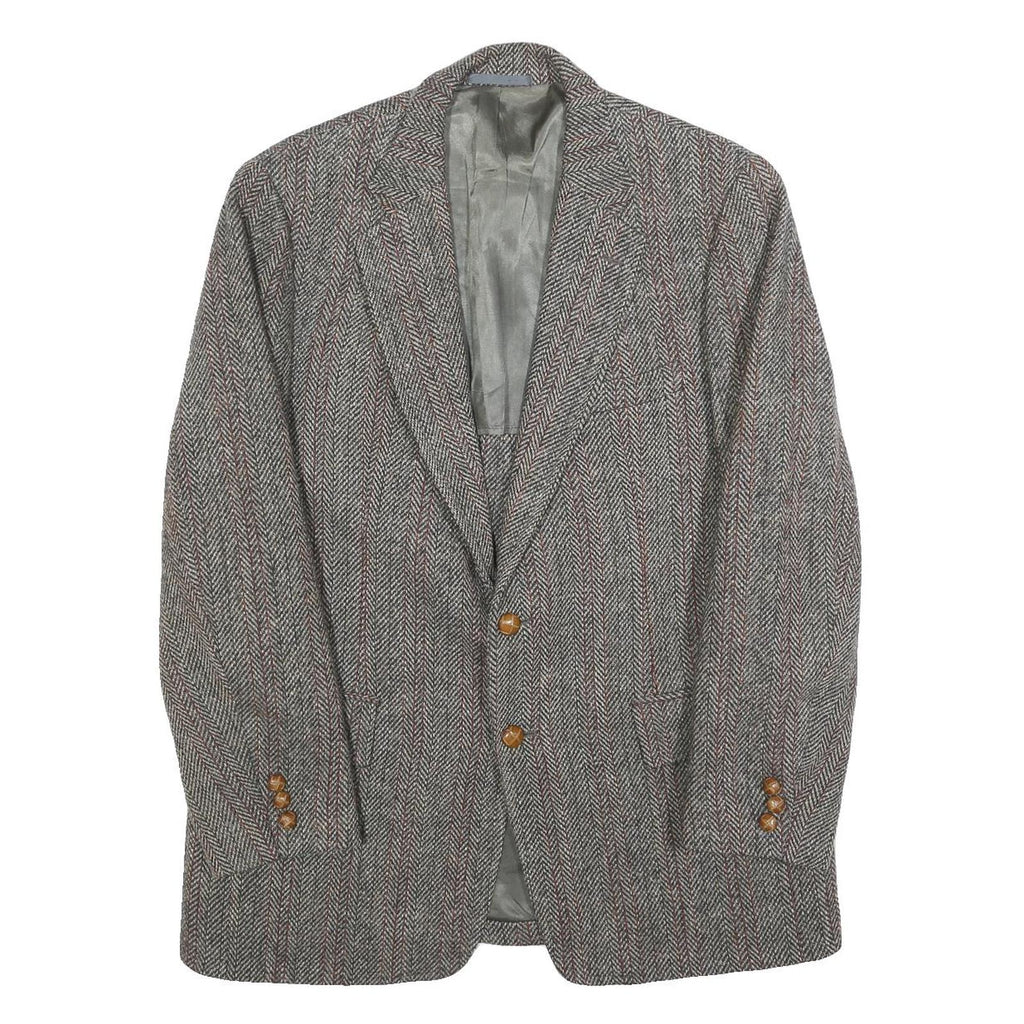 HARRIS TWEED Mens Brown Grey Wool Herringbone Tailored Jacket L Button Closure