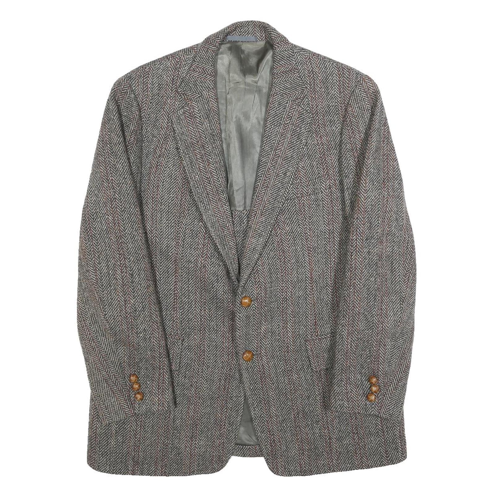 HARRIS TWEED Mens Brown Grey Wool Herringbone Tailored Jacket L Button Closure