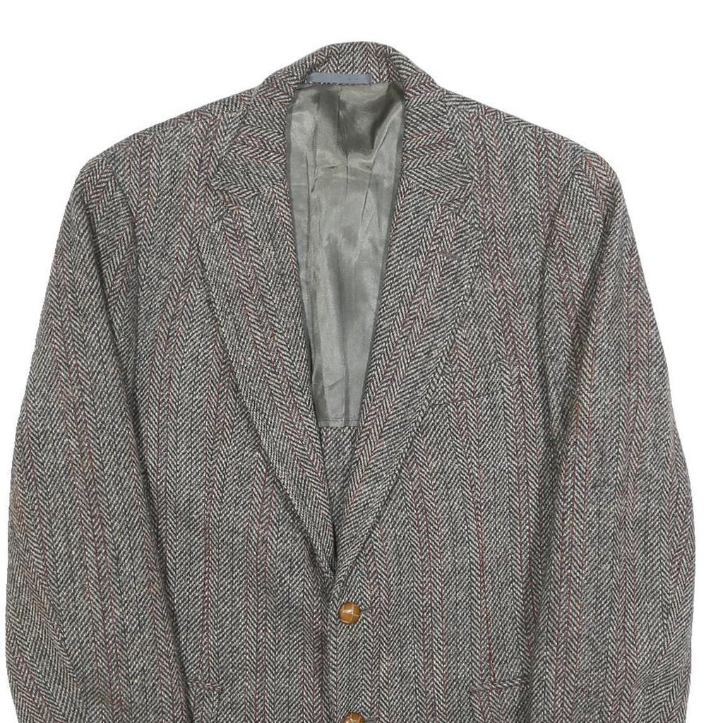 HARRIS TWEED Mens Brown Grey Wool Herringbone Tailored Jacket L Button Closure