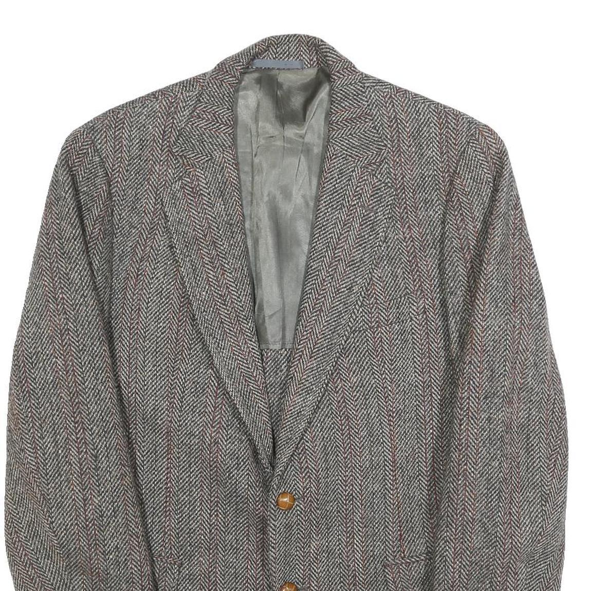 HARRIS TWEED Mens Brown Grey Wool Herringbone Tailored Jacket L Button Closure