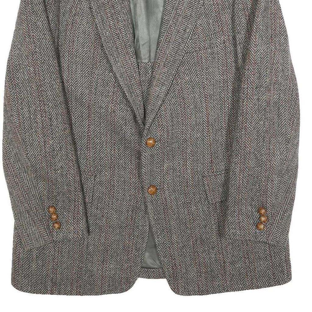 HARRIS TWEED Mens Brown Grey Wool Herringbone Tailored Jacket L Button Closure