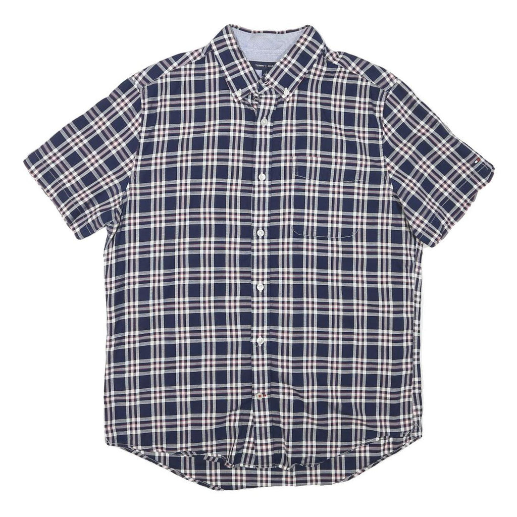 TOMMY HILFIGER Mens Blue & White Check Shirt M Casual Button Short Sleeve
