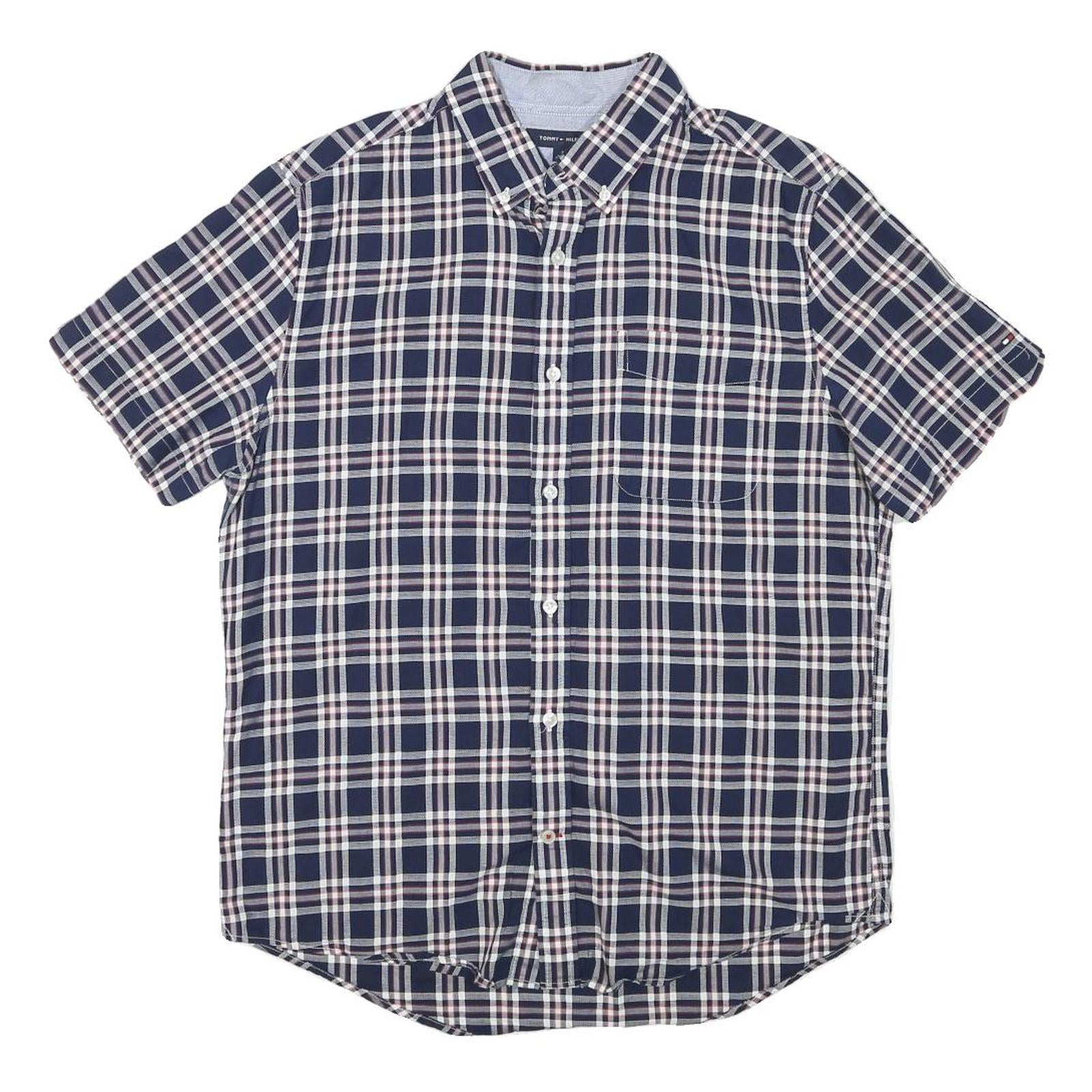 TOMMY HILFIGER Mens Blue & White Check Shirt M Casual Button Short Sleeve