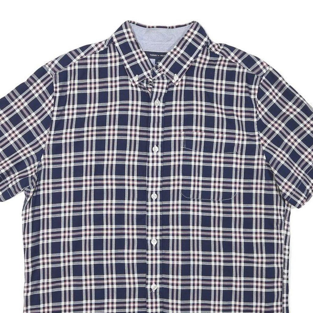 TOMMY HILFIGER Mens Blue & White Check Shirt M Casual Button Short Sleeve