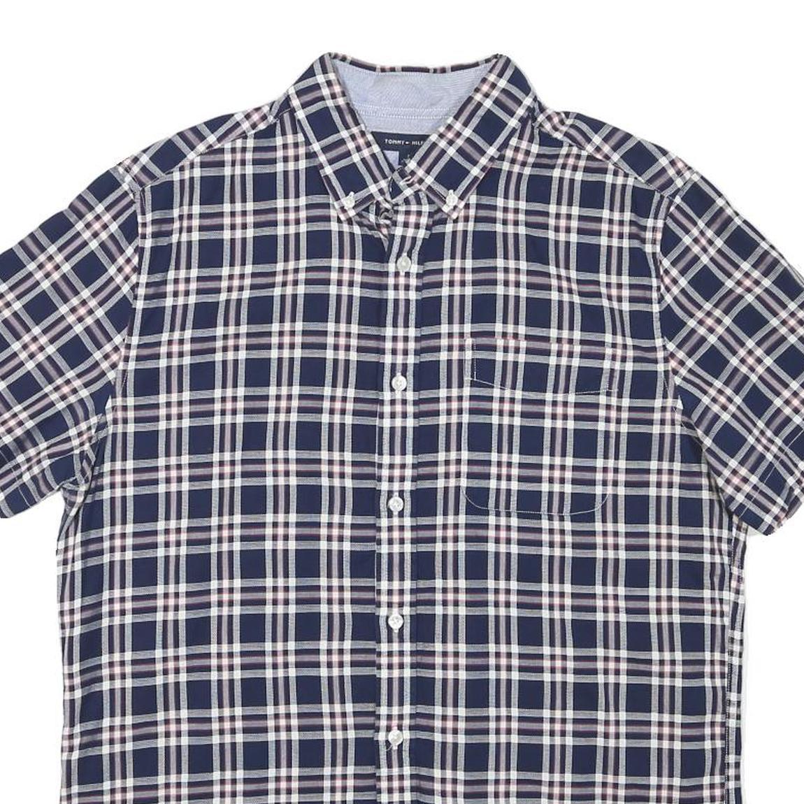 TOMMY HILFIGER Mens Blue & White Check Shirt M Casual Button Short Sleeve