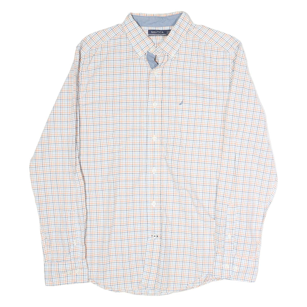 NAUTICA Mens White & Blue Checked Shirt L Long Sleeve Button Cotton Casual