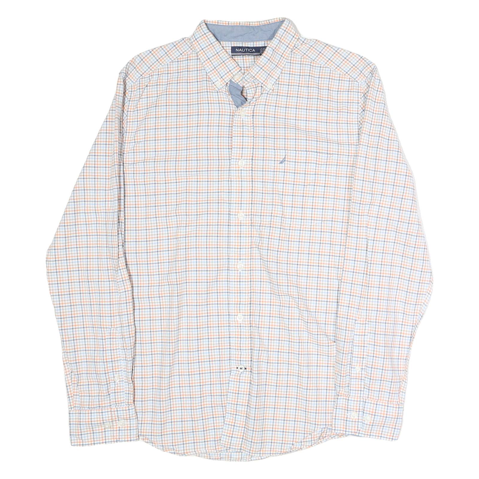 NAUTICA Mens White & Blue Checked Shirt L Long Sleeve Button Cotton Casual