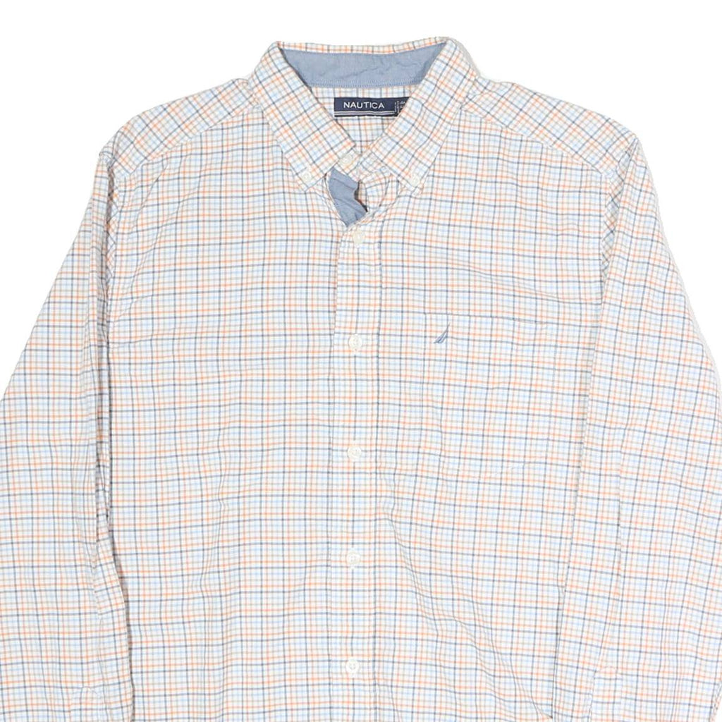 NAUTICA Mens White & Blue Checked Shirt L Long Sleeve Button Cotton Casual