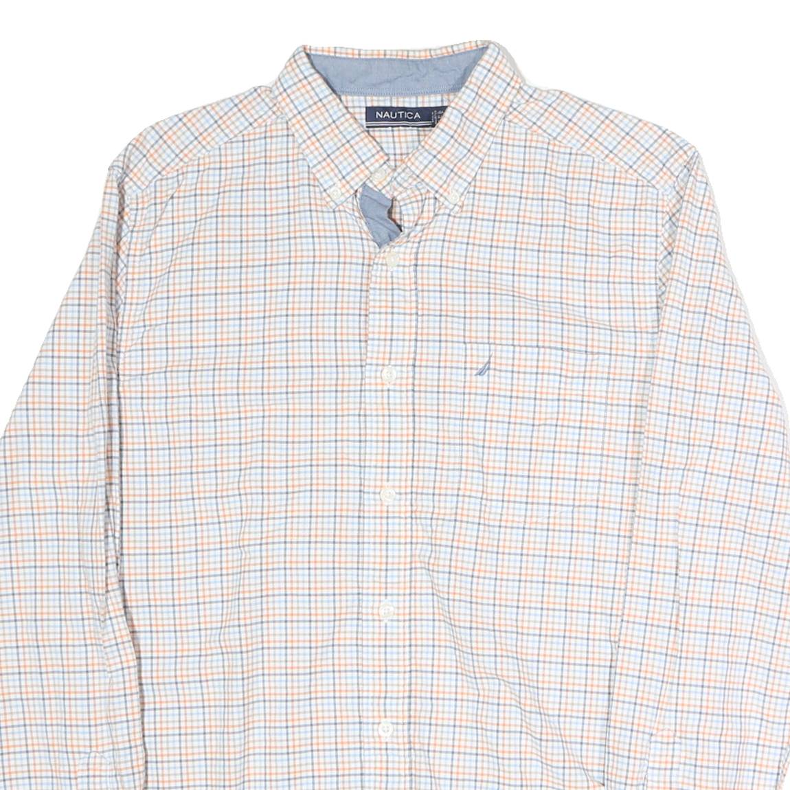 NAUTICA Mens White & Blue Checked Shirt L Long Sleeve Button Cotton Casual
