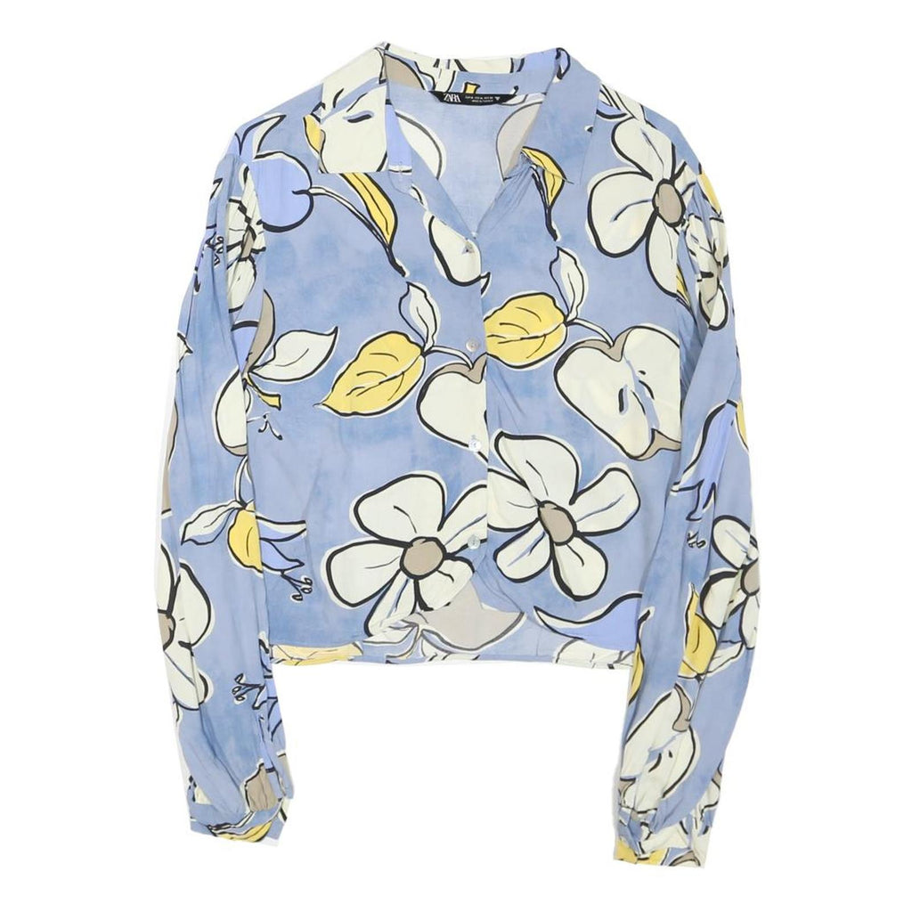 ZARA Womens Blue & Yellow Printed Shirt Long Sleeve Collared M Floral Crop Top