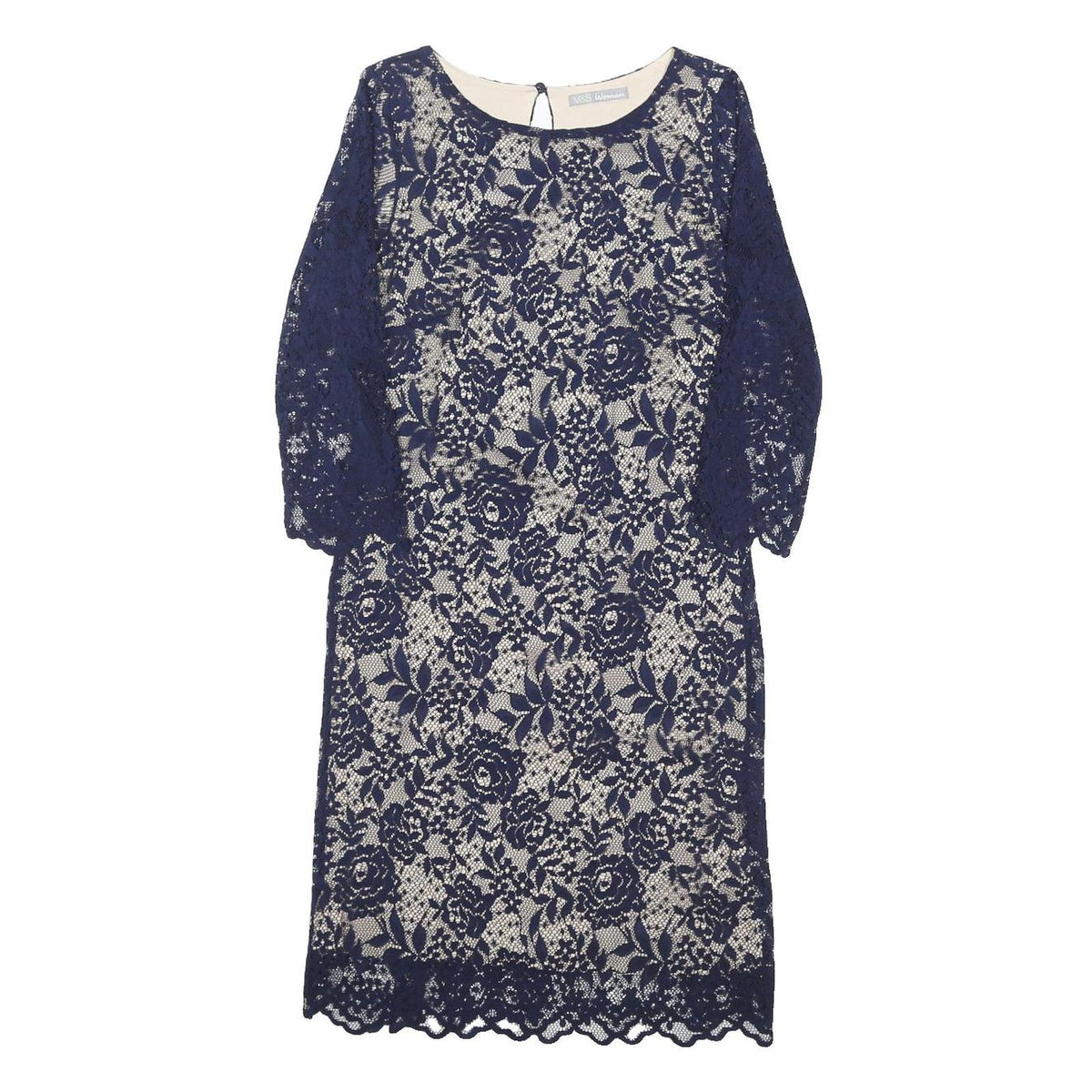 M&S Womens Navy Blue Lace Day Dress UK 8 Floral Pattern Three Quarter Sleeve
