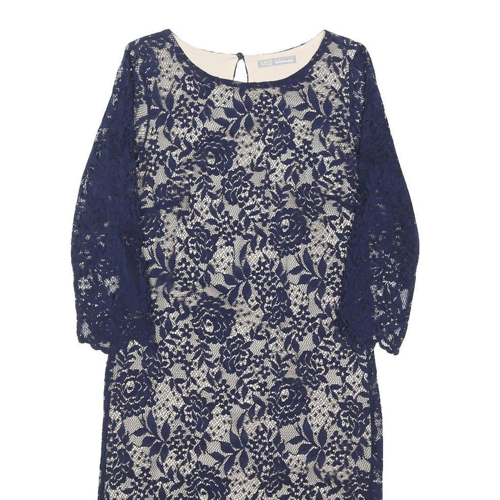 M&S Womens Navy Blue Lace Day Dress UK 8 Floral Pattern Three Quarter Sleeve