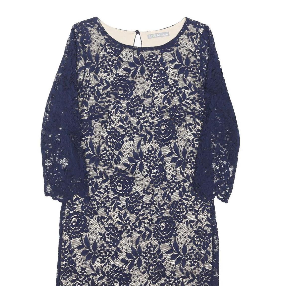 M&S Womens Navy Blue Lace Day Dress UK 8 Floral Pattern Three Quarter Sleeve
