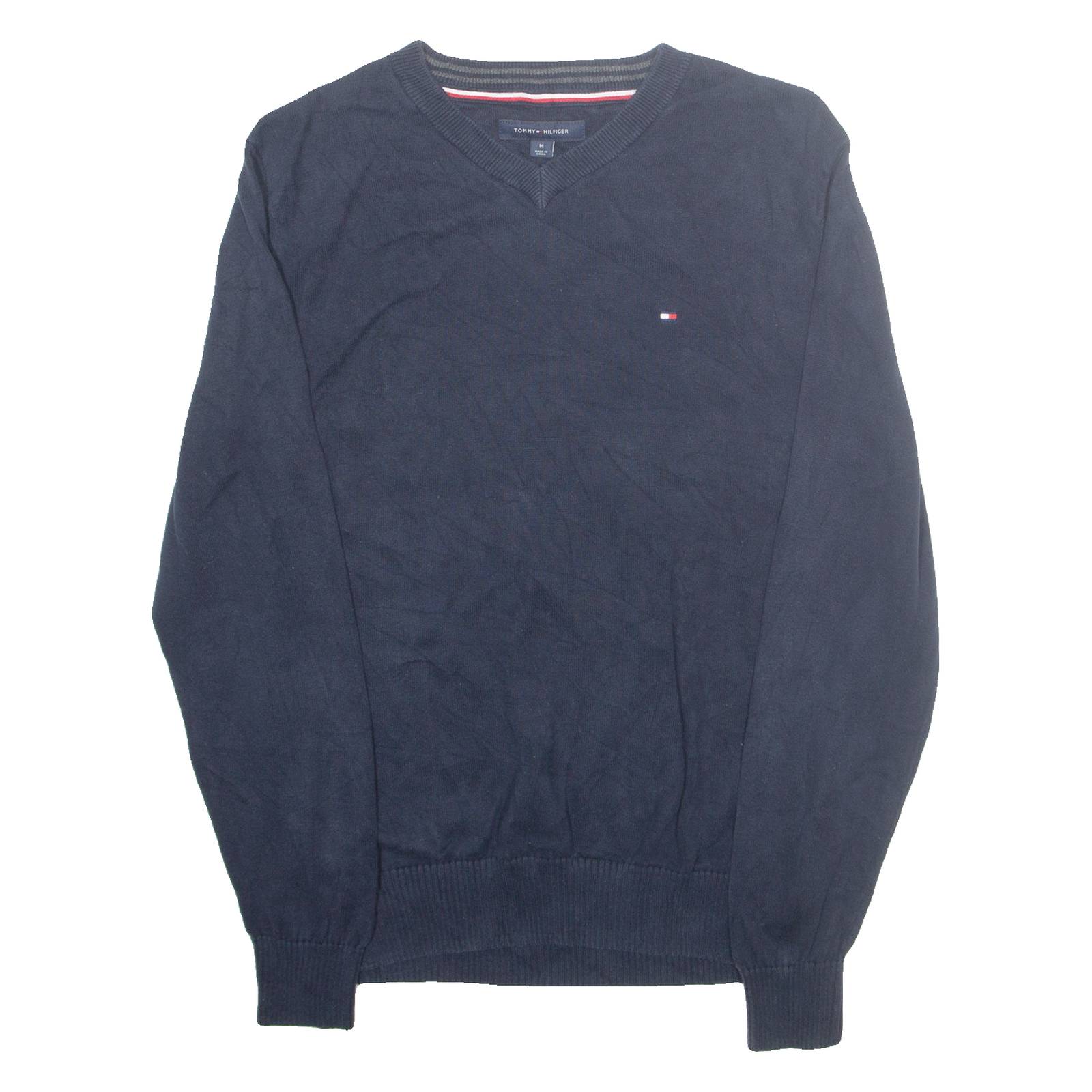 TOMMY HILFIGER Mens Jumper Blue V-Neck Tight Knit M