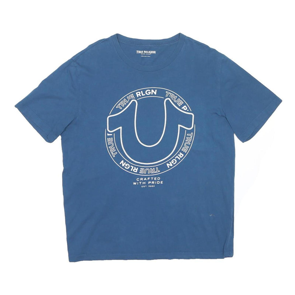 TRUE RELIGION Mens Blue Graphic T-Shirt L Short Sleeve Crew Neck Cotton Blend