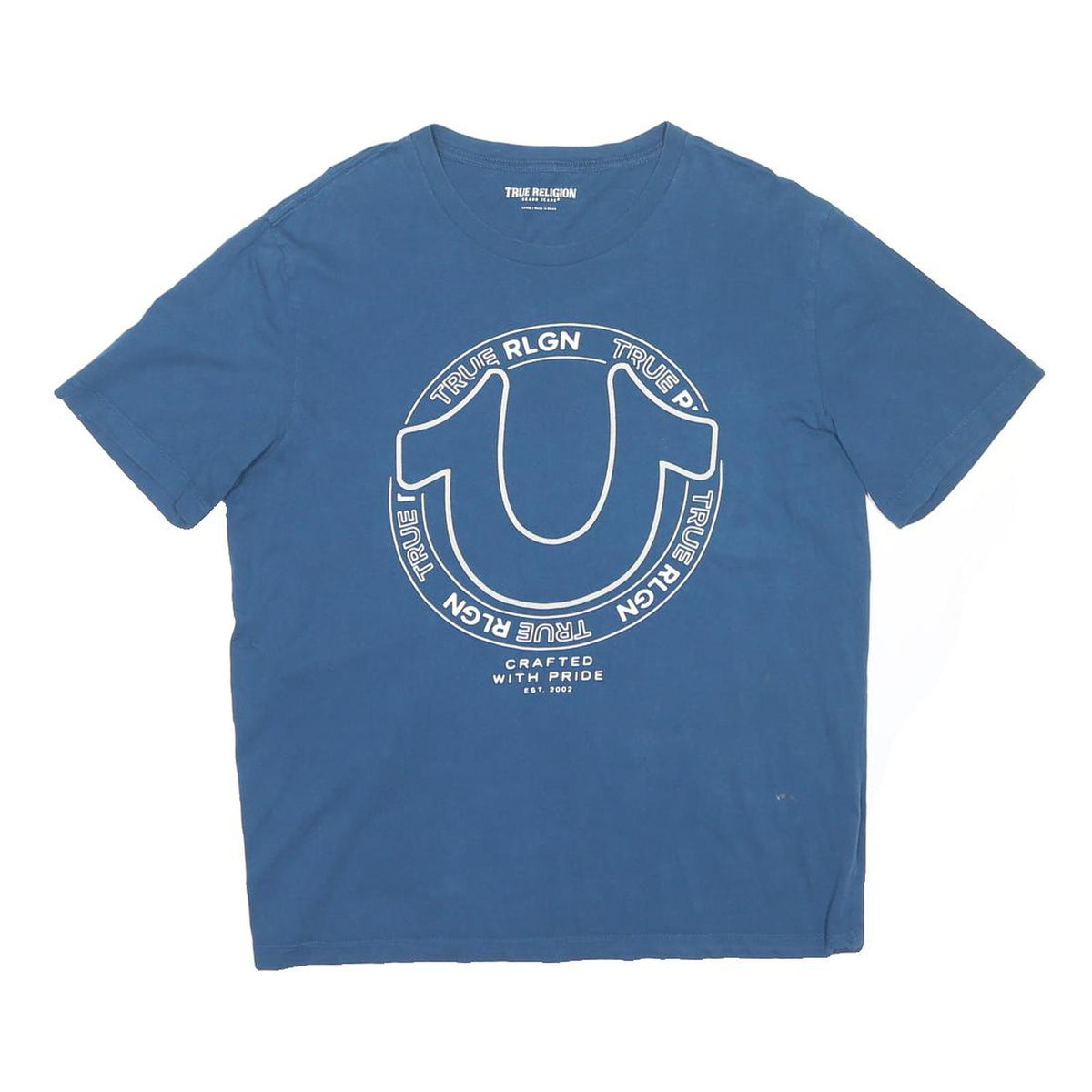 TRUE RELIGION Mens Blue Graphic T-Shirt L Short Sleeve Crew Neck Cotton Blend