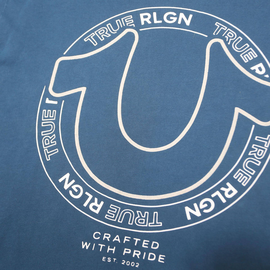 TRUE RELIGION Mens Blue Graphic T-Shirt L Short Sleeve Crew Neck Cotton Blend