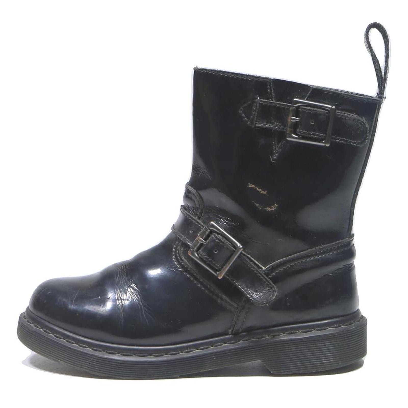 DR MARTENS Womens Leather Black Ankle Boots UK 4 Buckle Strap Stylish