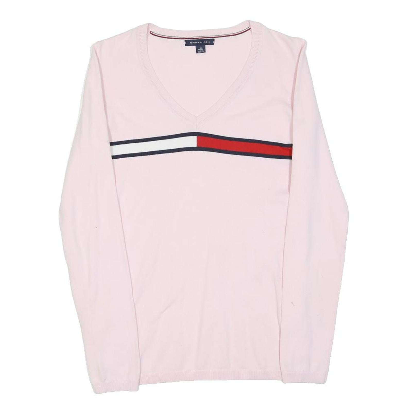 TOMMY HILFIGER Womens Pink Cotton Blend Patterned V-Neck Basic Knit XS Casual