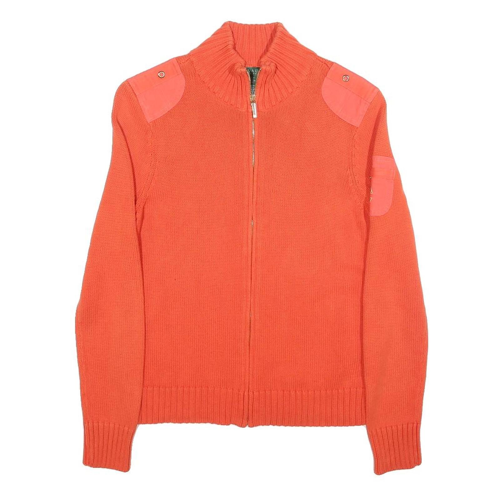 LAUREN RALPH LAUREN Womens Orange Patterned Zip Up Chunky Knit Jumper S Cotton