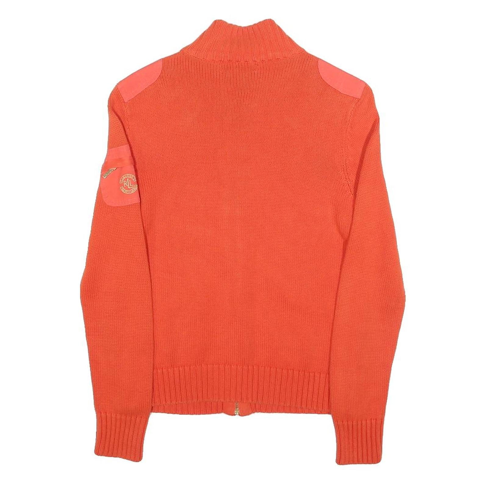 LAUREN RALPH LAUREN Womens Orange Patterned Zip Up Chunky Knit Jumper S Cotton