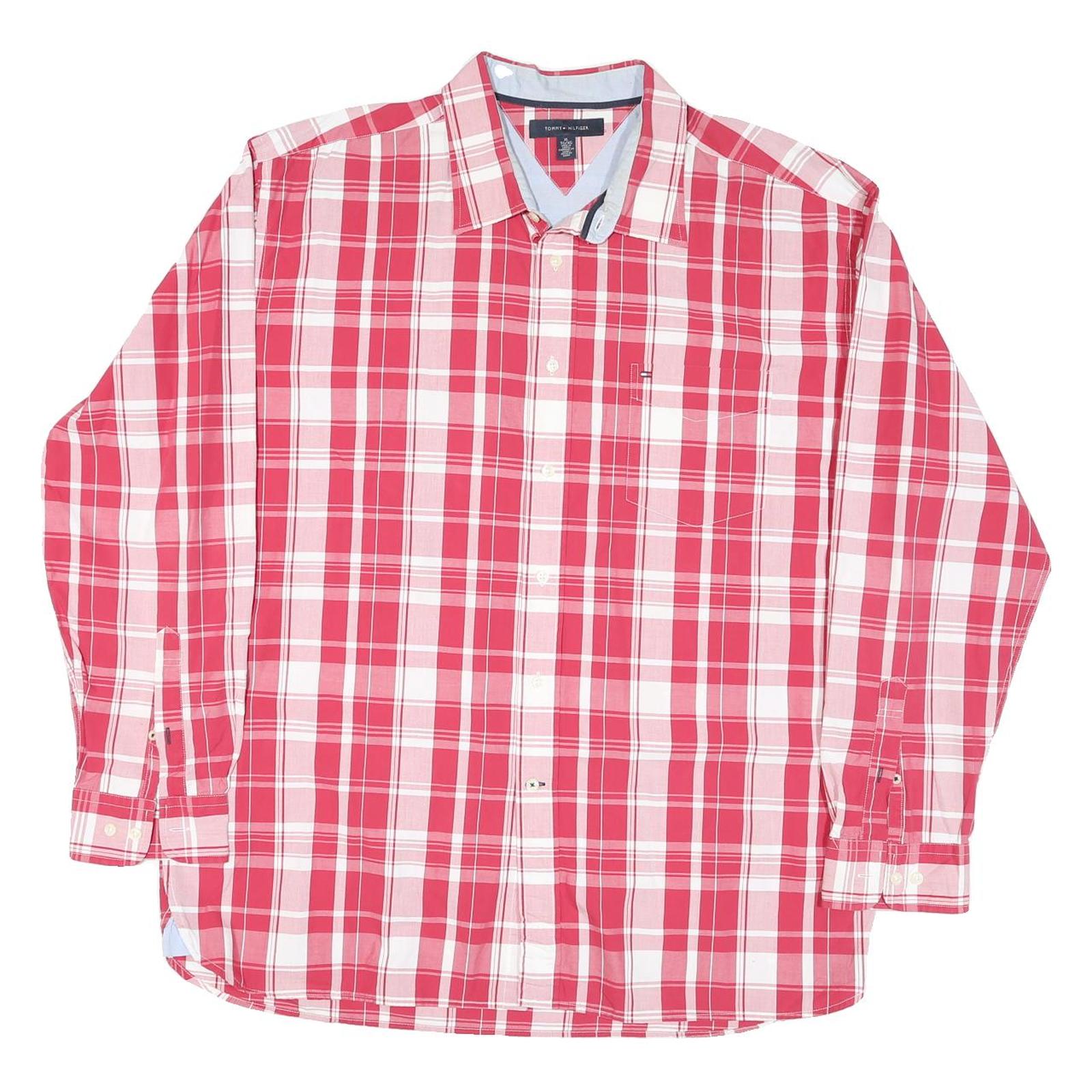 TOMMY HILFIGER Mens Red & White Checked Shirt XL Classic Cotton Blend Button-Up