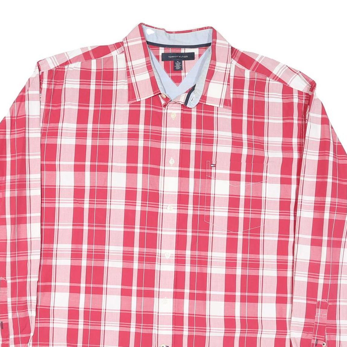 TOMMY HILFIGER Mens Red & White Checked Shirt XL Classic Cotton Blend Button-Up