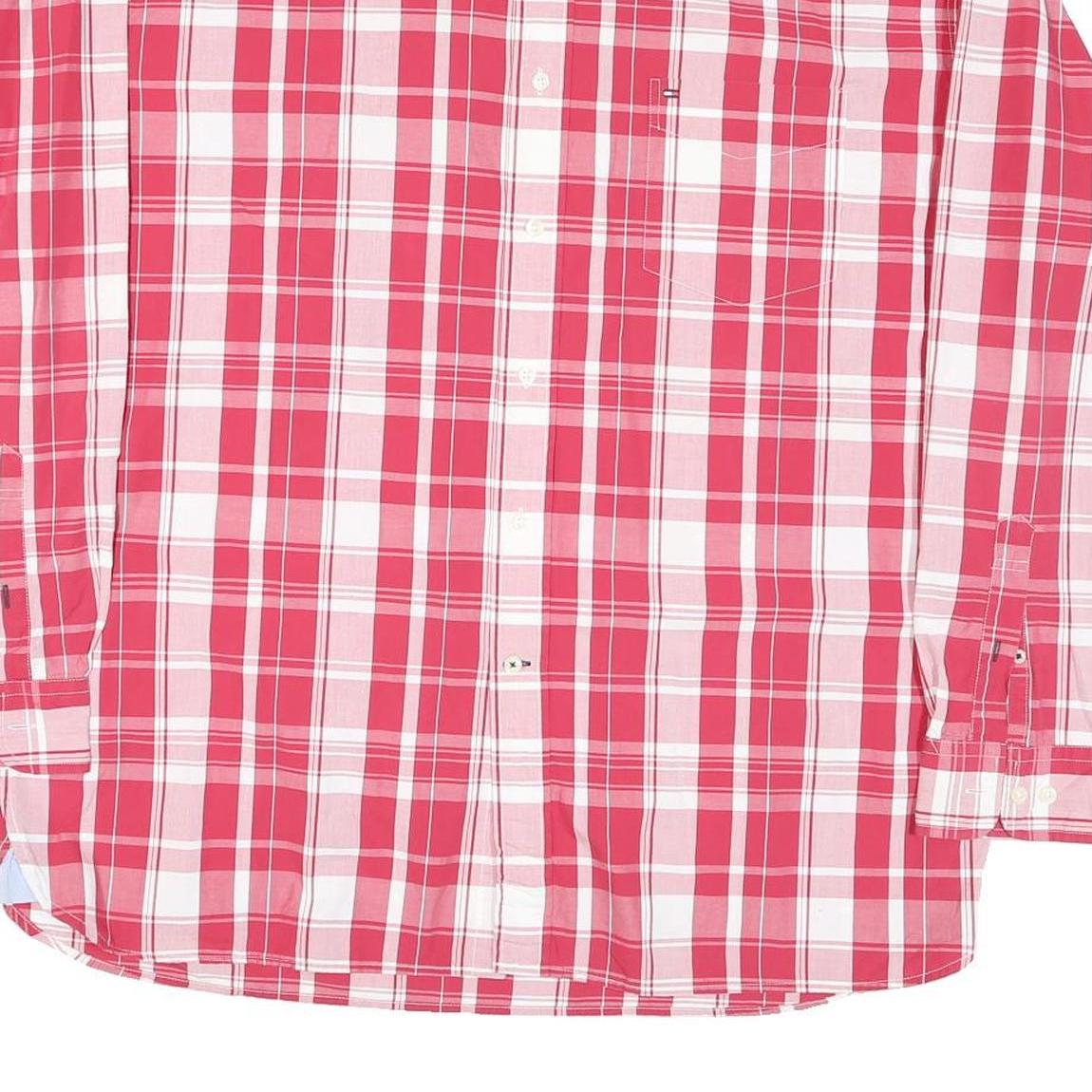 TOMMY HILFIGER Mens Red & White Checked Shirt XL Classic Cotton Blend Button-Up