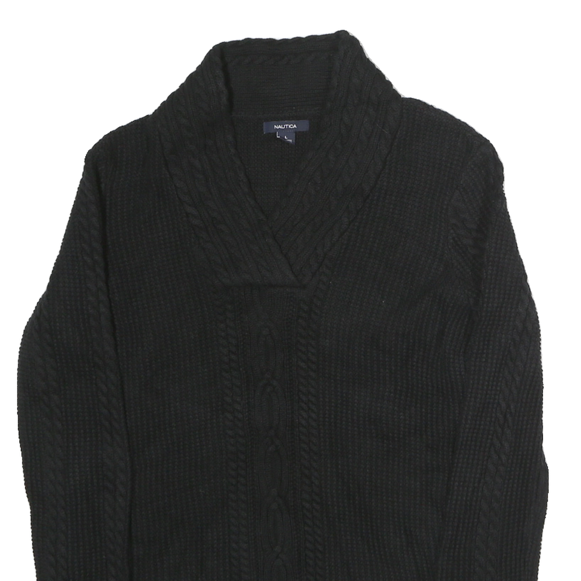 NAUTICA Womens Black Plain Cable Knit Roll Neck Jumper Cotton M Lightweight