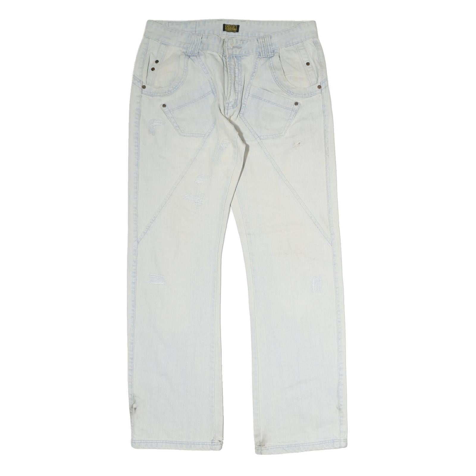 DISSET Mens Jeans White Regular Straight Denim W34 L30 Casual Zip Closure