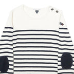 TERRE DE MARINS Womens White & Navy Striped Patterned Crew Neck Basic Knit